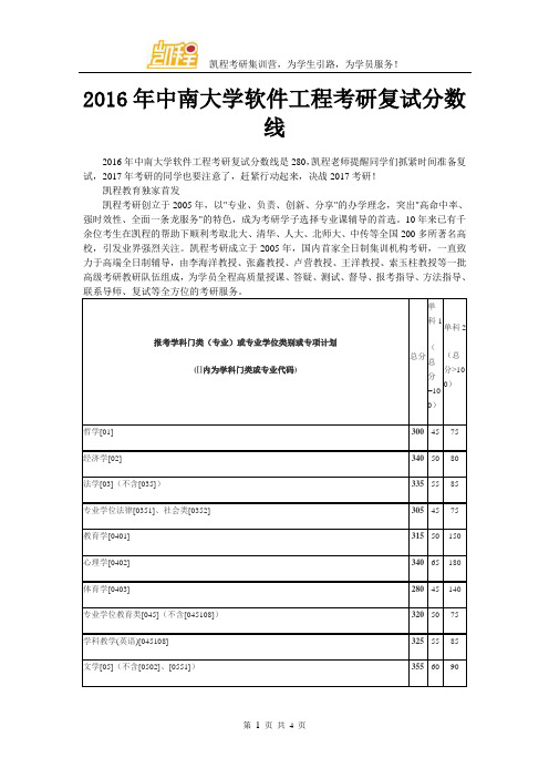 2016年中南大学软件工程考研复试分数线