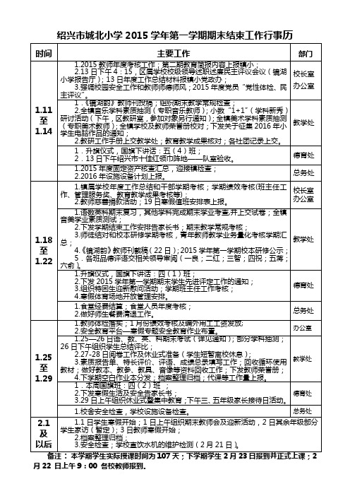 2015学年第一学期期末结束工作行事历