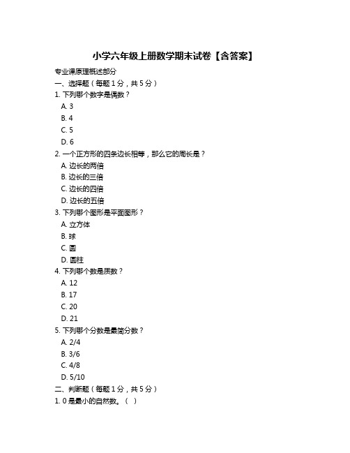 小学六年级上册数学期末试卷【含答案】