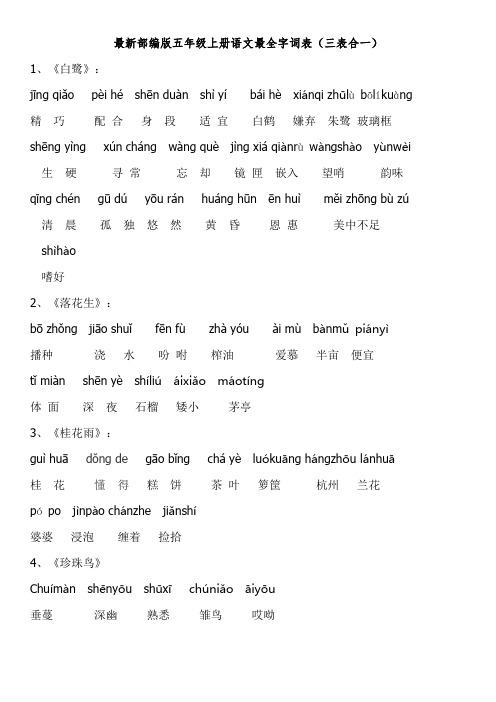 最新部编版五年级上册语文最全字词表(三表合一)