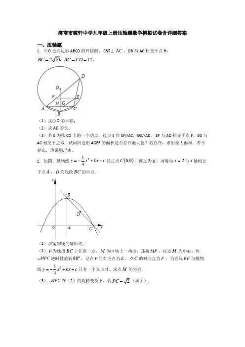 济南市稼轩中学九年级上册压轴题数学模拟试卷含详细答案