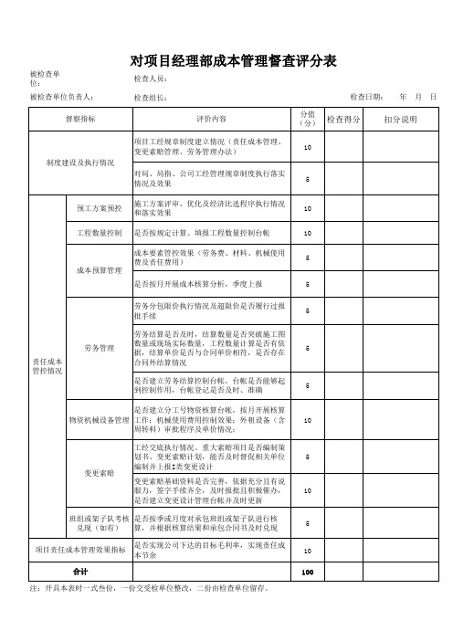 成本管理督查评分表