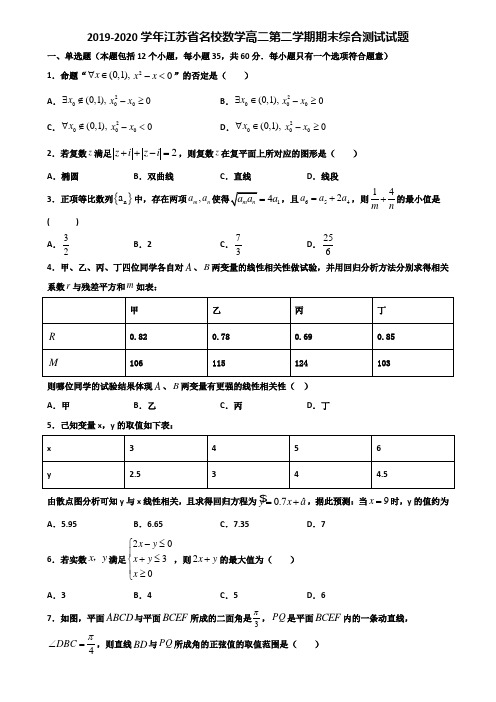 2019-2020学年江苏省名校数学高二第二学期期末综合测试试题含解析