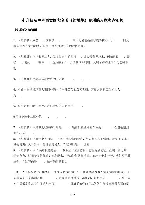 小升初及中考语文四大名著《红楼梦》专项练习题考点汇总