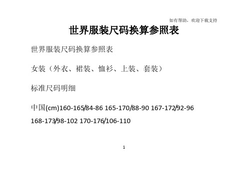 世界服装尺码换算参照表