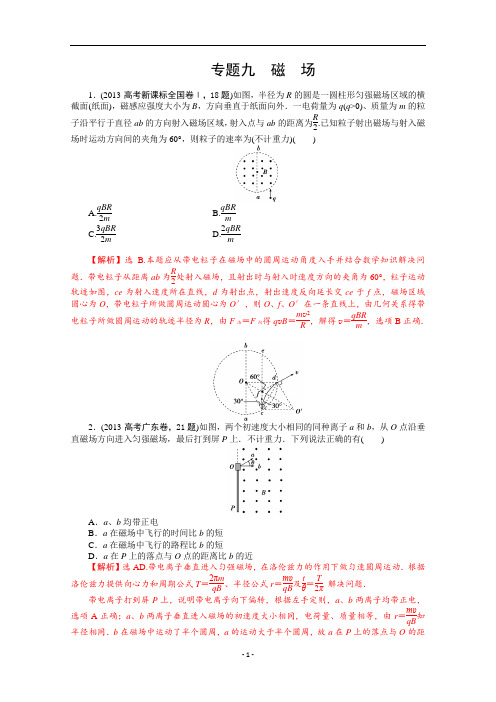 2013年高考物理真题汇编全解全析：专题九 磁 场 Word版含解析