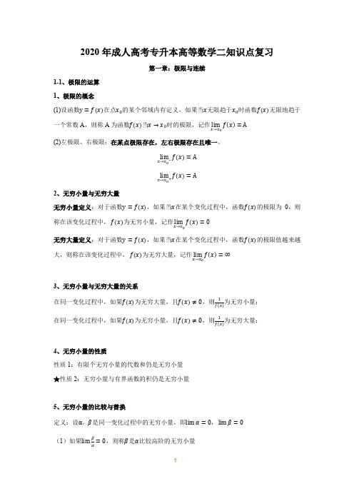 2020成人高考专升本高等数学二知识点汇总复习(自编)