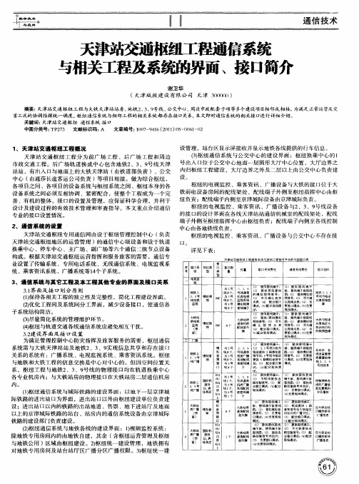 天津站交通枢纽工程通信系统与相关工程及系统的界面、接口简介