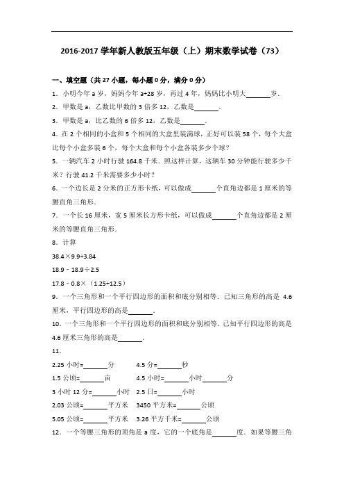 人教版数学五年级上册-08总复习-期末试卷43