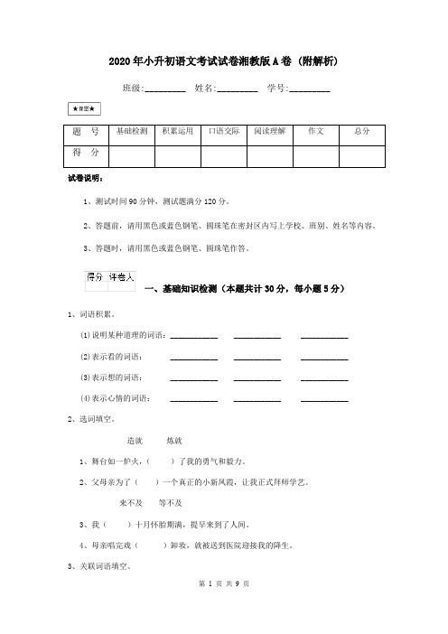 2020年小升初语文考试试卷湘教版A卷 (附解析)