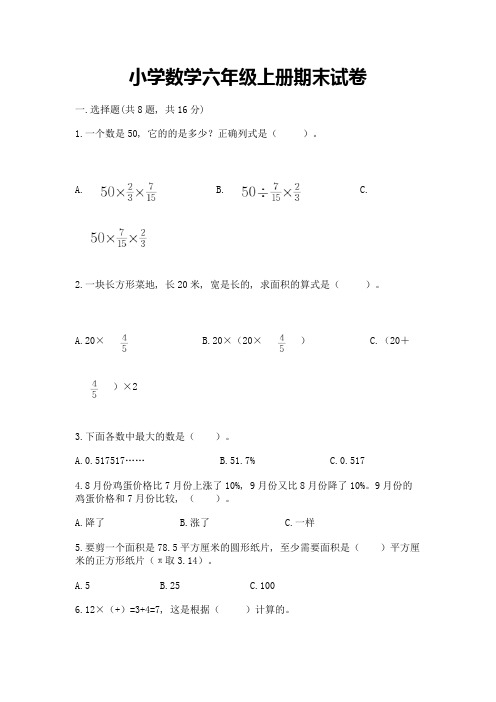 小学数学六年级上册期末试卷及完整答案(精品)