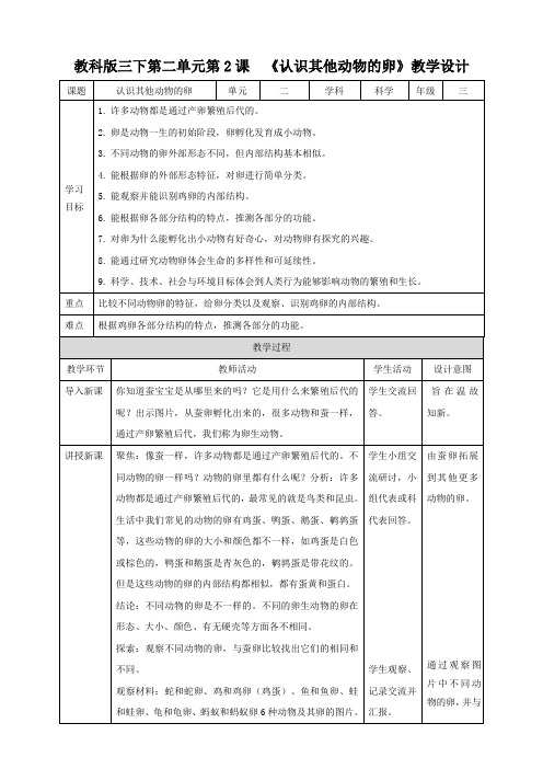 【新教材】教科版小学科学三年级下册第二单元第2课《认识其他动物的卵》教案