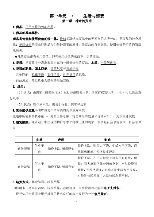 经济生活第一单元知识汇总2019新