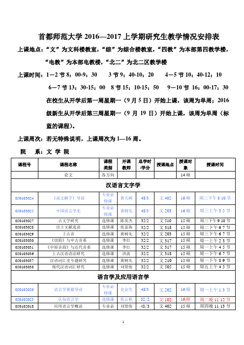 首都师范大学2016—2017上学期研究生教学情况安排表汇总