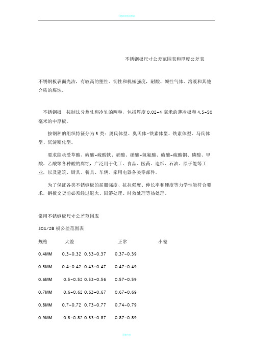 不锈钢板尺寸公差范围表和厚度公差表