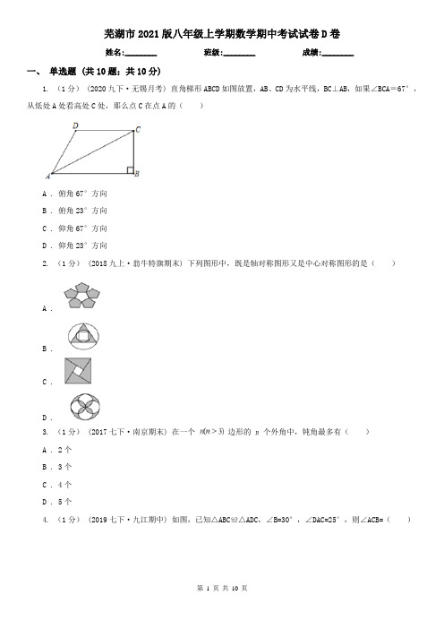 芜湖市2021版八年级上学期数学期中考试试卷D卷