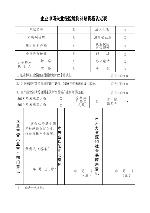 企业申请失业保险稳岗补贴资格认定表