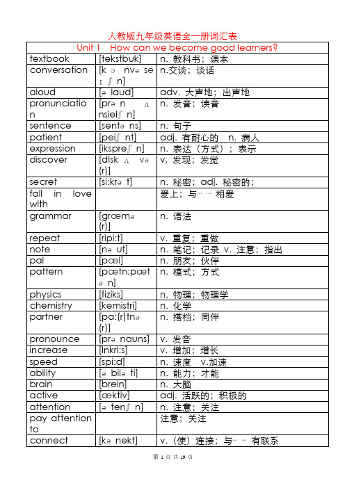 人教版九年级全册英语单词词汇表