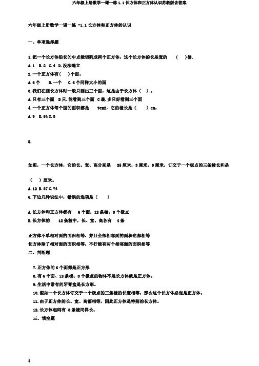 六年级上册数学一课一练1.1长方体和正方体认识苏教版含答案