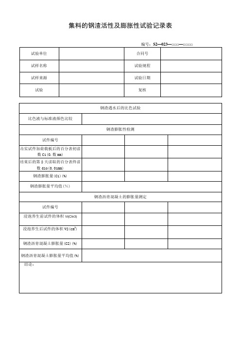 集料的钢渣活性及膨胀性试验记录表