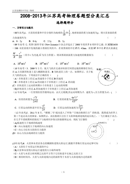 2008-2013年江苏高考物理卷题型分类汇总