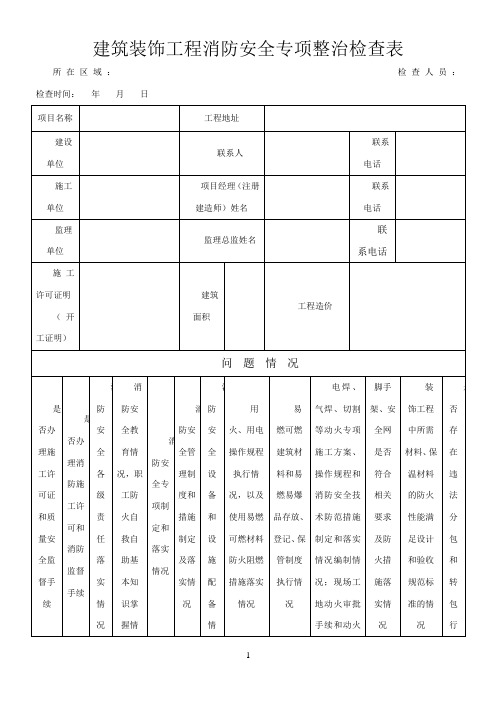 建筑装饰工程消防安全专项整治检查表