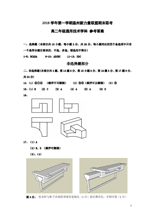 浙江省温州市新力量联盟2018-2019学年高二上学期期末考试通用技术学科  答案