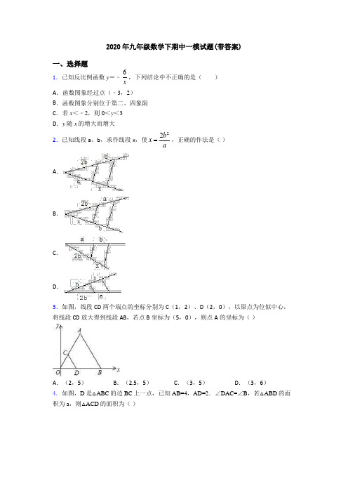 2020年九年级数学下期中一模试题(带答案)