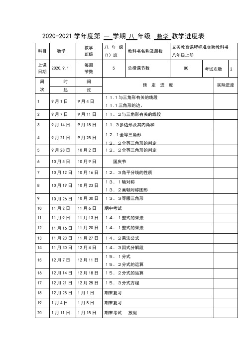 八年级上数学教学进度计划目标