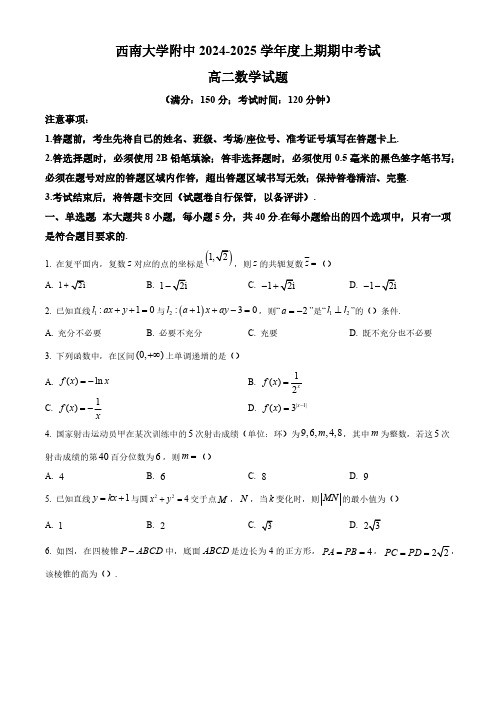 重庆市西南大学附属中学校2024-2025学年高二上学期期中考试数学试题 Word版无答案