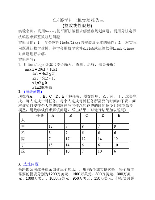 运筹学试验：整数规划