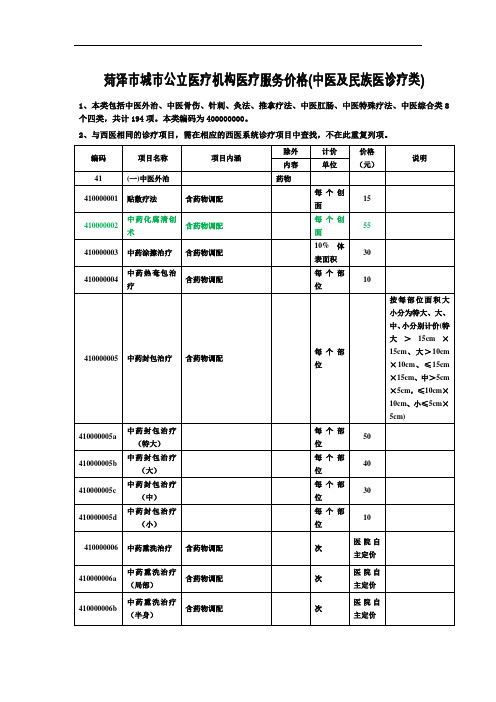 菏泽市城市公立医疗机构医疗服务价格(中医及民族医诊疗类)