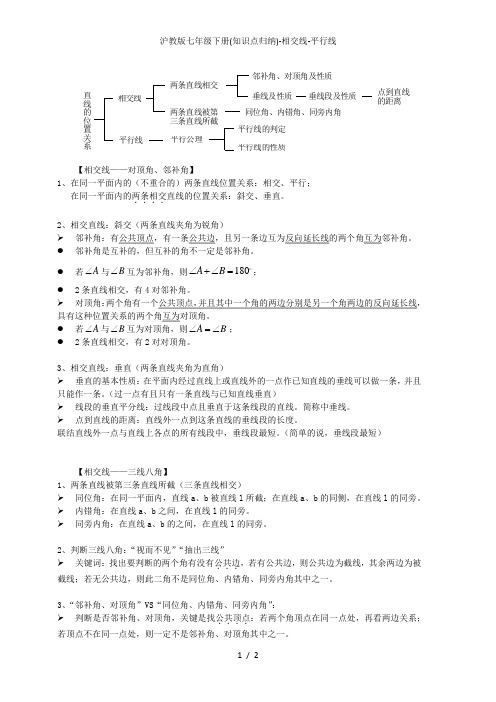 沪教版七年级下册(知识点归纳)-相交线-平行线