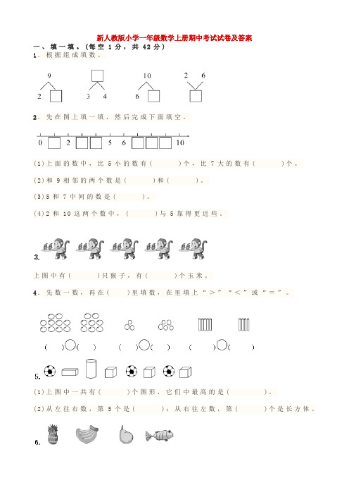 新人教版小学一年级数学上册期中考试试卷及答案