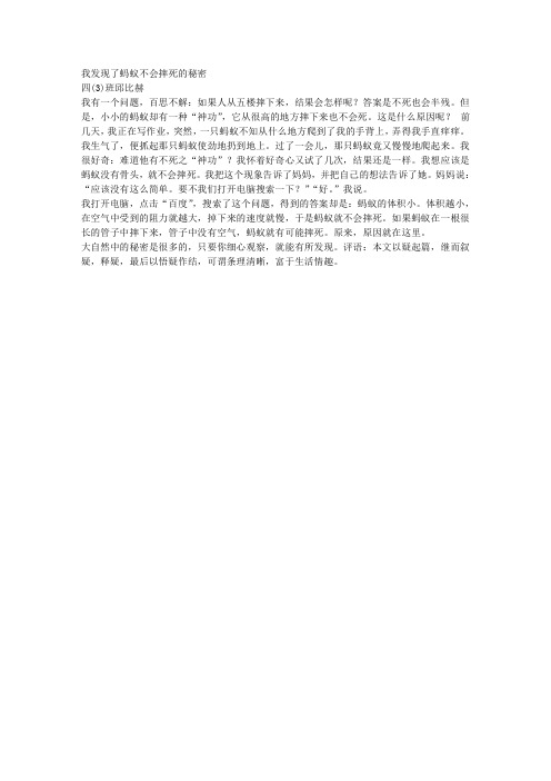 1小学生作文《我发现了蚂蚁不会摔死的秘密》