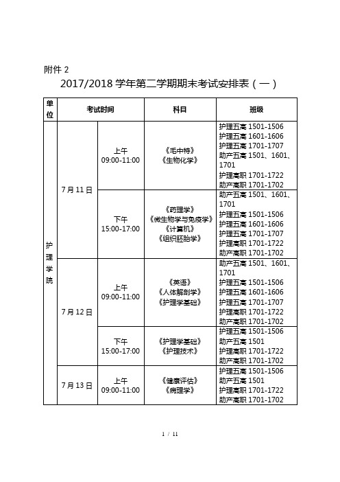 2017-2018学年第二学期期末考试安排表