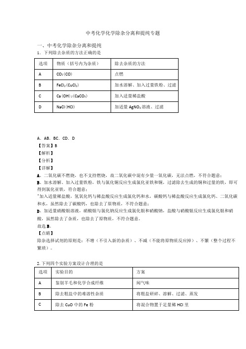 中考化学化学除杂分离和提纯专题