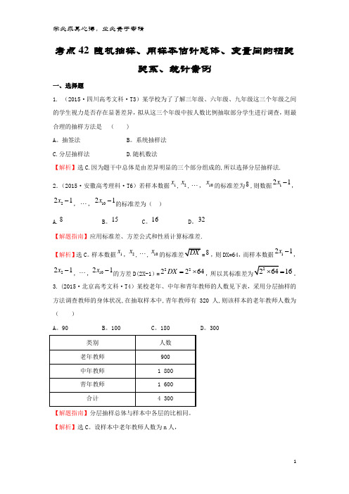 高中数学 考点42 随机抽样、用样本估计总体、变量间的相关关系、统计案例(含2015高考试题)