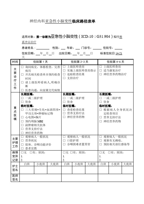 神经内科亚急性小脑变性临床路径表单