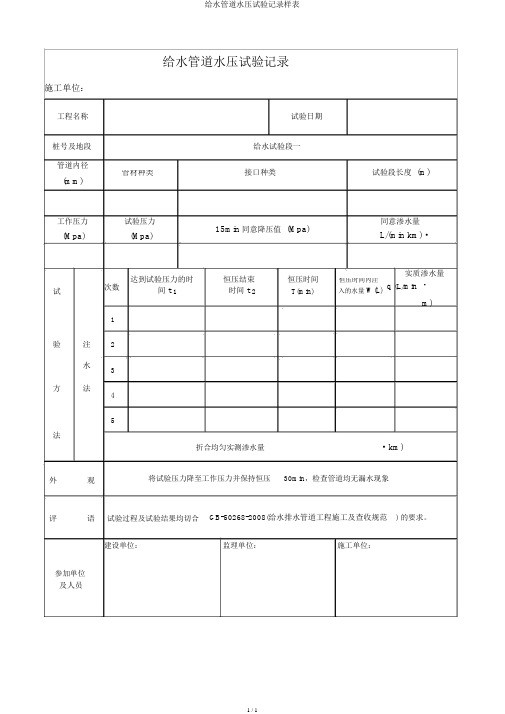 给水管道水压试验记录样表