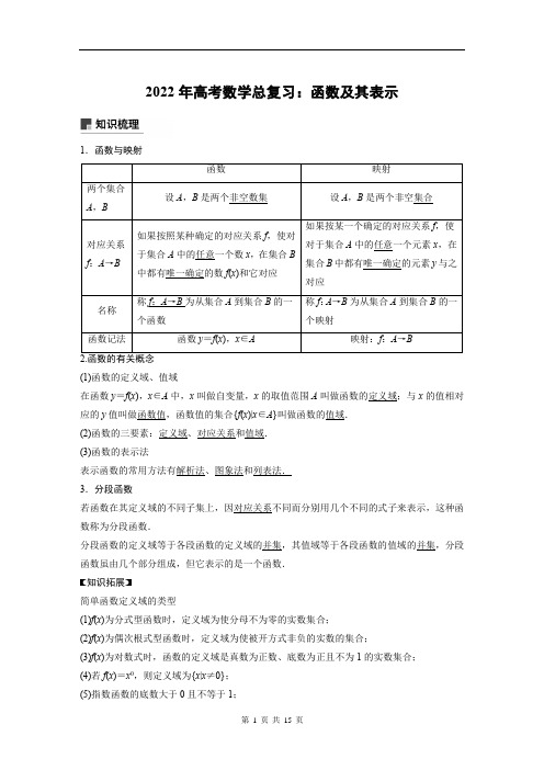 2022年高考数学总复习：函数及其表示