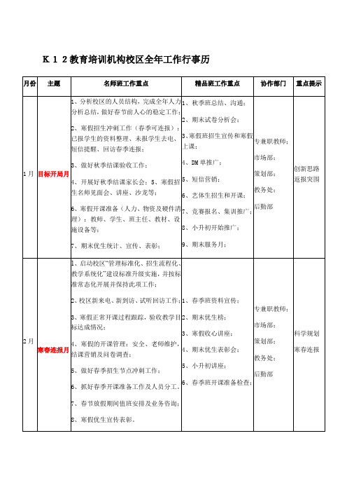 K12教育培训机构校区全年工作行事历