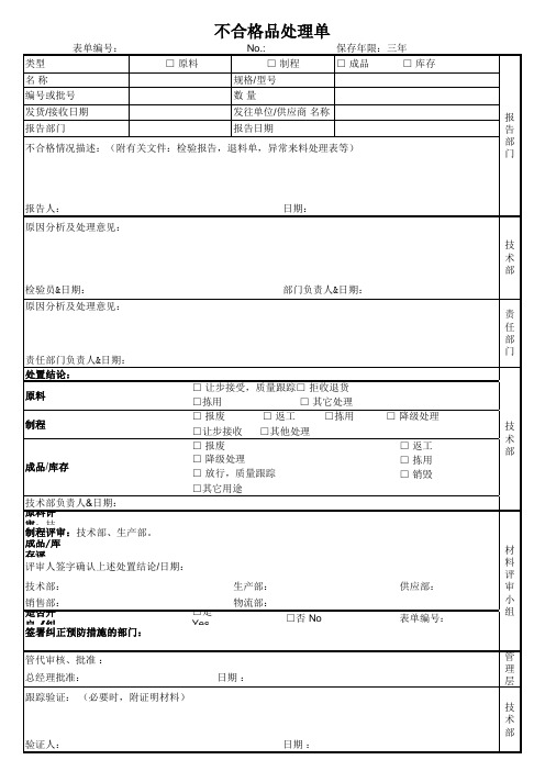 不合格品处置单