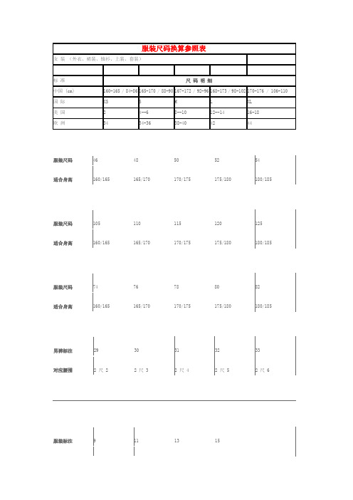 各种服装尺码对照表