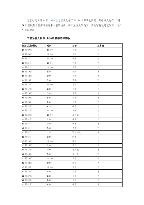 NBA比赛日程