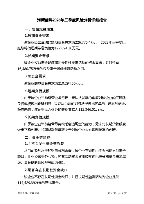 300072海新能科2023年三季度财务风险分析详细报告