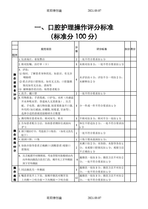 55项临床护理操作评分标准之欧阳德创编