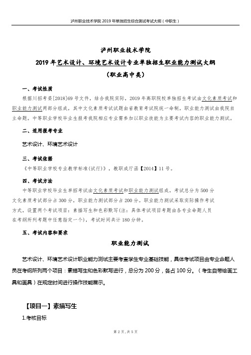 泸州职业技术学院2019年专业单独招生职业能力测试大纲(艺术设计、环境艺术设计)