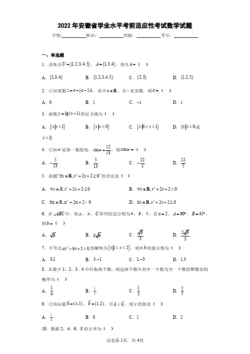 2022年安徽省学业水平考前适应性考试数学试题(含答案解析)