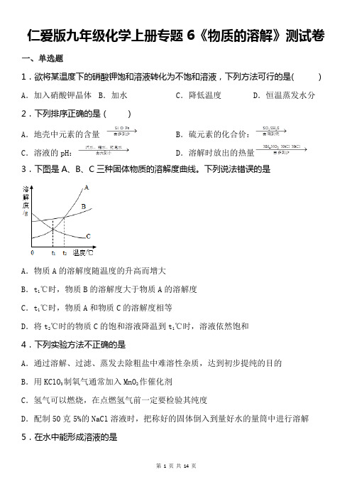 仁爱版九年级化学上册专题6《物质的溶解》测试卷